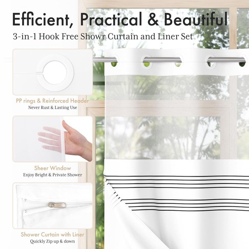 AmazerBath No Hook Shower Curtain and Liner Set, Shower Curtain