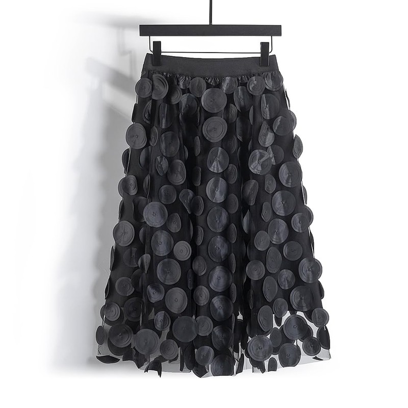 Jewefish Summer Punk Style 3D Polka Dot Elastic Waist Tulle