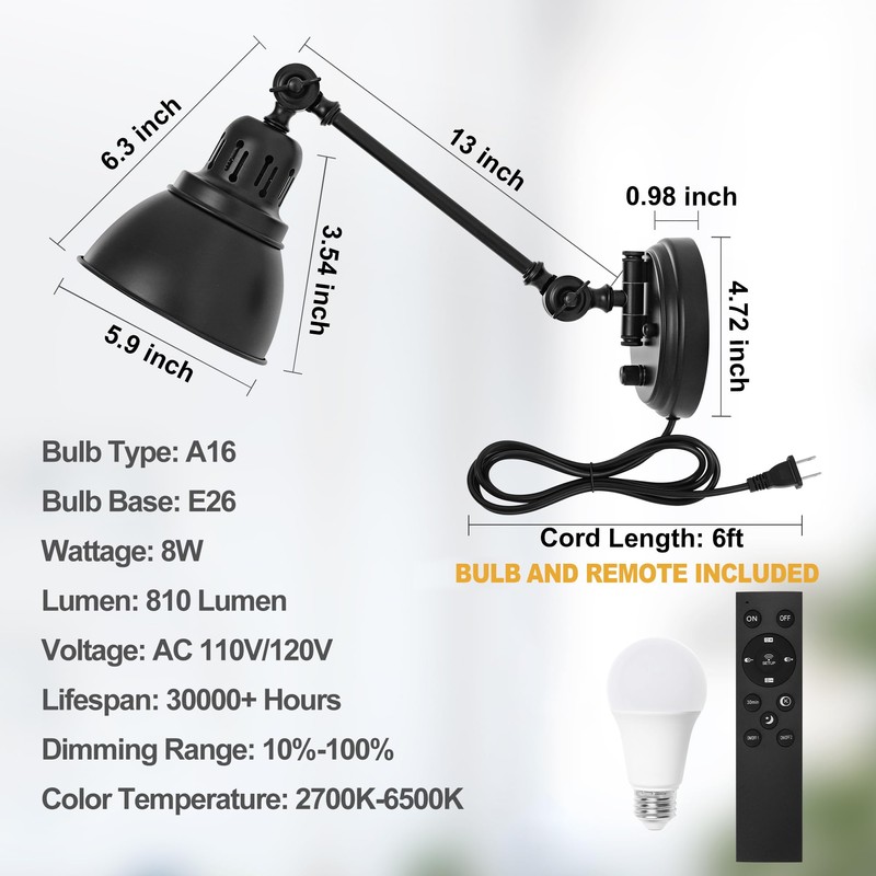 GOODATE 1 Pack Plug in Wall Sconce with Remote Control,