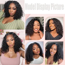 Hxxcoup Curly Wave 8 Inch 4x4 Bob Lace Front Wig 180% Density with Natural Hairline #1B Natural Black Color Human Hair Wigs Wear and Go Glueless Baby Hair No Smell for Woman