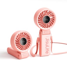 JISULIFE Handheld Fan Life7 – Ultimate Flexibility: High-Power Motor, LED Display, 19.5 Hrs Cooling, 5000mAh Rechargeable, 5-Speed, Foldable Design, 3-IN-1 Portable Fan for Travel Cruise Beach(Pink)
