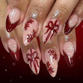 Christmas Press on Nails Red French Tip Fake Nails Almond False Nails Snowflake Bow Glitter Gold Line Design Medium Full Cover Glossy Acrylic Nails for Women Manicure 24PCS