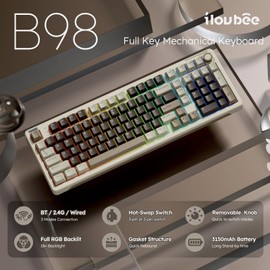 iLovBee B98 Creamy Keyboard with Number Pad, RGB Wireless Gaming Keyboard w/Knob, Bluetooth/2.4Ghz/USB Wired Full Size Mechanical Keyboards for Win/Mac, Gasket Hot Swappable Linear Switches