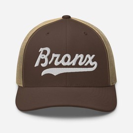 Bronx Hat Bronx Trucker Hat Baseball Script Embroidered Cap Vintage Sports Mesh Swoosh Gift Souvenir Headwear NY Brown/Khaki