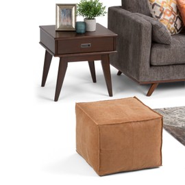 SIMPLIHOME Brody Square Pouf, Footstool, Upholstered in Distressed Brown Faux Leather, for the Living Room, Bedroom and Kids Room, Transitional, Modern
