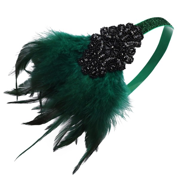LOWOSAIWOR 1920s Gatsby Headpiece with Green Feather– Flapper Headband for