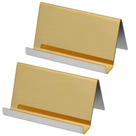 BELLE VOUS Business Card Holder Metal Stainless Steel (Pack of 2) - Stainless Steel Organiser Business Cards Storage up to 30 Business Cards - Gold Stand Business Card Holder for Name Tags, Desk,