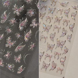 Holographic Butterfly and Bow Nail Art Stickers, Iridescent 3D Decorative Decals