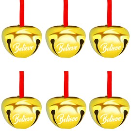 FOIMAS 12pcs 1.6 Inch Believe Bell Ornament Metal Christmas Sleigh Bells with Red Ribbon for Christmas Tree Holiday Decoration,Gold