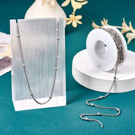 Cadena de caja de acero inoxidable 304 de 5 m con abalorio redondas con 40 anillos de salto, 20 cierres de garra de langosta sin soldar para hacer collares, pulseras, joyas