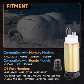 Sejaede Fuel Pump Compatible with Mercury 20HP 25HP 30HP 40HP 50HP 60HP 4-Stroke (2002-2012) w/Filter & Gaskets #Replace 892267A51 898101T67 892267530 16735-ZW5-003 7206782 6990188