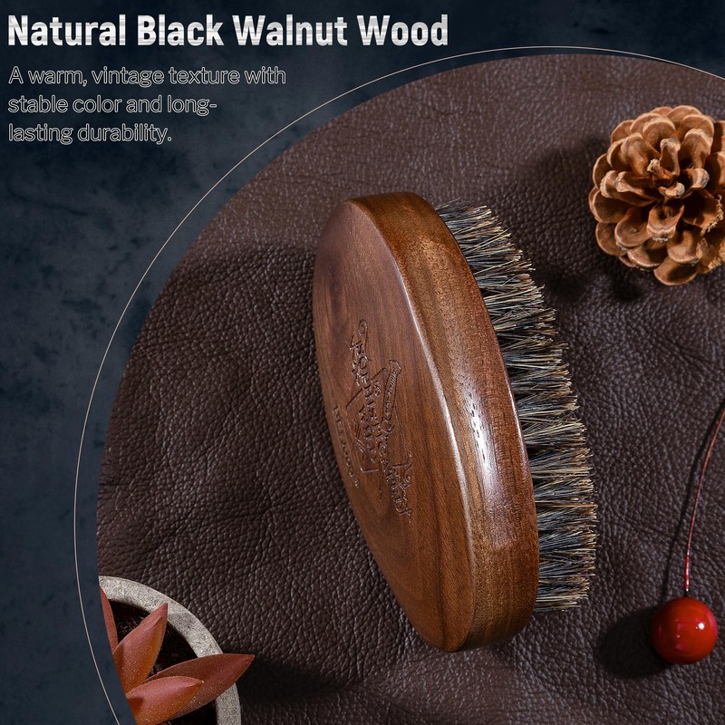 BFWood Boar Bristle Beard Brush, Black Wood Walnut Military Style,