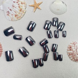 Short Press On Nails Square Fake Nails Black False Nails With Chrome Design Mirror Metallic Glue On Nail Artificial Acryli Glossy Full Cover Stick On Nail For Women 24pcs