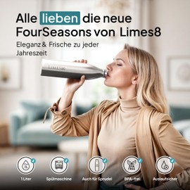 Limes 8 Thermosflasche 1L "FourSeasons" [HEIß & KALT] Trinkflasche Edelstahl 1L - Auslaufsichere Trinkflasche 1L Kohlensäure geeignet - Isolierkanne - Thermo Trinkflasche für alle 4 Jahreszeiten