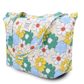 Women's Fabric Bags Flower Tote Bag Shoulder Bag Lightweight Large Capacity Student Shopping Beach Bag, White Flower