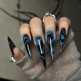 MERVF Long Stiletto Press on Nails Black Gothic Fake Nail Butterfly Print Design Glue ons Almond Blue Gradient Manicure Acrylic Dark Nails Supplies Art DIY for Women Glossy 24pcs