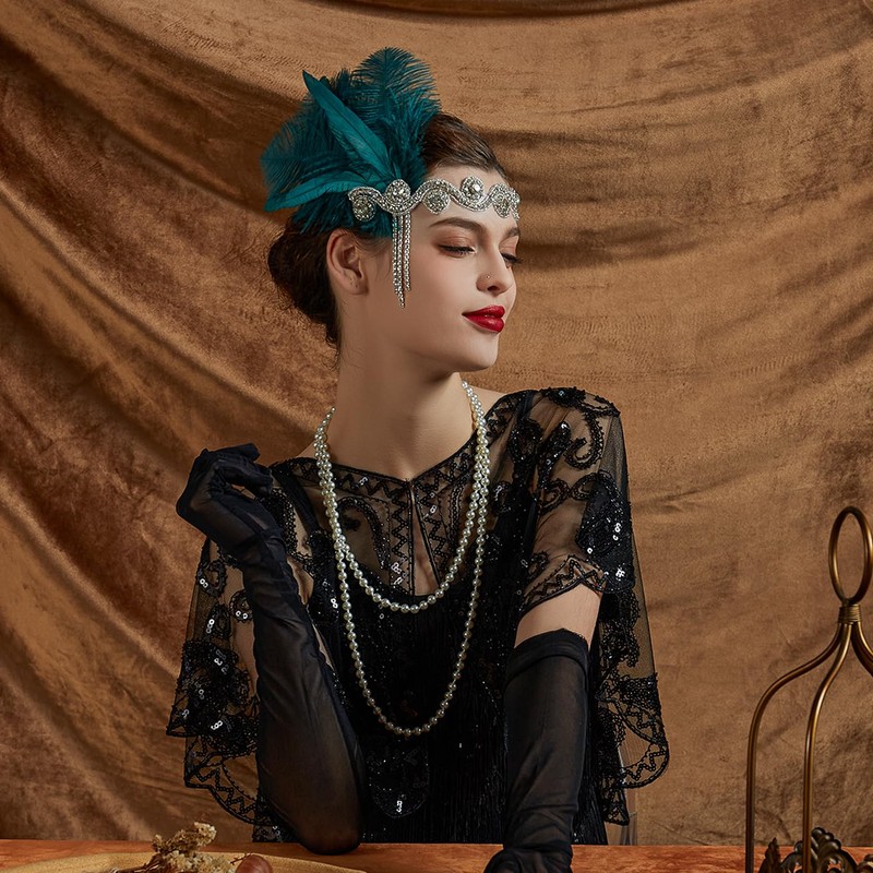 Flapper Headband for Women Vintage 1920s Pearls Feather Lace Headpiece