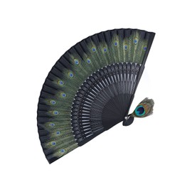 Abanicos Españoles Abanico Grandes Abanico Verde,Folding Fan Black Bones Beautiful Peacock Pattern Antique Bamboo Hand Fan for Performance Clothes Decoration Gift