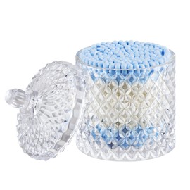 ALAMHI Q tip and Cotton Ball Holder Glass Apothecary Jar with lid, Small Bathroom Vanity Organizer and Storage Qtip Jar for Aesthetic Room Decor