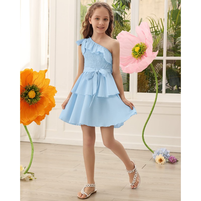 Danna Belle Girl Summer Dress One Shoulder Ruffle Layered Tween