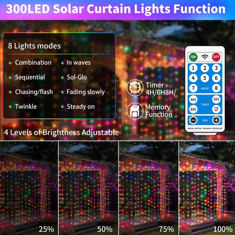 Solar Curtain Lights Outdoor 10 x 10Ft 300LED Waterproof Waterfall