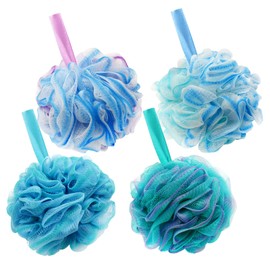 Shower Puff Loofah, 4 Pcs Extra Large Bath Sponge with Mesh Build - Body Scrubber for Exfoliate and Cleaning, 75g/PCS, Multicolor