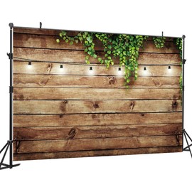 DHXXSC 7X5FT Wood Backdrops Green Plant Light String Retro Wood Backdrop Photography Studio Props Birthday Party Decoration Photo Background DH-263