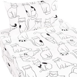 J pinno Cat Kitty Cute Cozy Fun 3 Pcs Twin Sheet Set for Kids Boys Girls Children 100% Cotton Flat Sheet + Fitted Sheet + Pillowcase Bedding Set