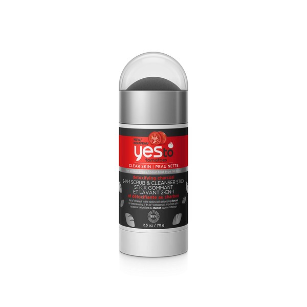 Yes To Tomatoes Clear Skin Detoxifying Charcoal 2 in 1 Face Scrub and Facial Cleanser Stick For Blemish Prone Skin, 95% Natural Ingredients, 2.5 Oz
