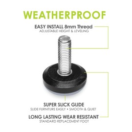 Slipstick Gorilla Outdoor Adjustable Furniture Levelers (8 Pack) Weatherproof Screw in Leg Glides for Chairs, Tables, and Outdoor Furniture Feet, 1-1/8 Inch Slider Glide, M8 Thread