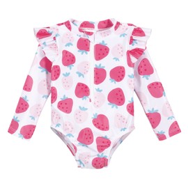 Gerber Girls' Toddler Long Sleeve One Piece Rashguard Swimsuit, Pink Strawberry, 5T