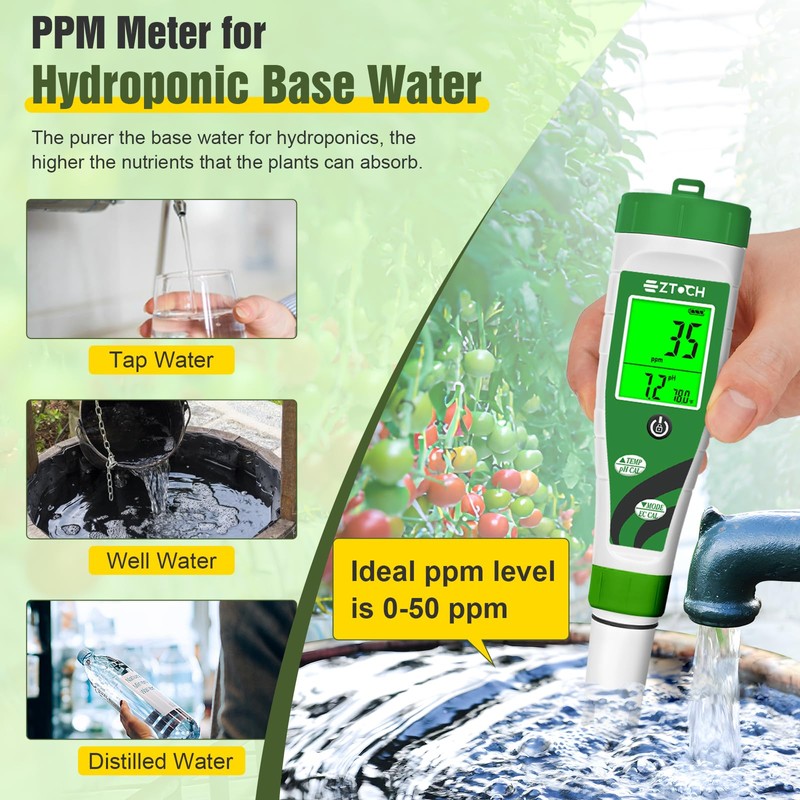 EZTOCH Hydroponic pH EC Meter, Water pH TDS PPM Meter