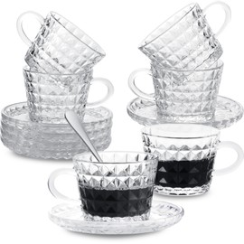GURUDAR Glass Espresso Shot Cups with Saucers Set of 6, Clear Small Demitasse Cup with Stainless Steel Spoons, Dishwasher Safe Coffee Mugs for Tea Hot Chocolate Cappuccino, 5OZ/150ML, Diamond