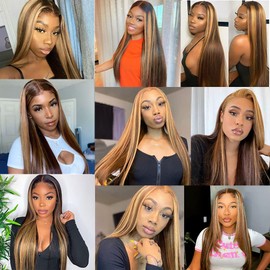Biliisyff Honey Blonde Ombre Highlight Bundles P4/27 Straight Human Hair Brown and Blonde Bundles Double Weft Brazilian Hair Silky and Soft for Black Women (30 32 34 Inch)