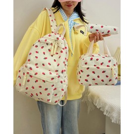 Makukke School Backpack Girls - Kawaii Strawberry 3-in-1 School Bag for Girls 1st - 5th Grade, Casual School Bag Kids with Cute Pendant for Primary School Middle School, beige, Rucksack Backpacks