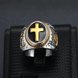 SINLEO Men's Stainless Steel Vintage Cross Signet Ring Jesus Christ Hand of God Religious Jewelry Gold Size 11
