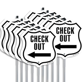 Check-Out Left (10 Pack) 12 inch X 12 inch Shield Shaped Rust-Free Aluminum Metal Signs with Aluminum Mounting Stakes Weather Resistant Made in the USA