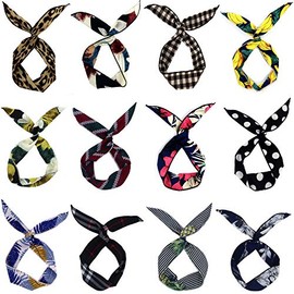 LilMents 12 Set Mixed Designs Wire Bunny Ears Hair Tie Headband Head Scarf (Mixed Set A)