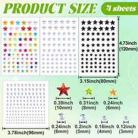 BEIQIYA 4 Sheets Star Self-Adhesive Face Gems, Bling Makeup Rhinestone Stickers, Mix Sizes Stick-On Face Jewels for Hair Eyes Nails- Mixcolors