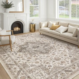 Vintage Living Room Area Rug 8x10 - Large Soft Washable Oriental Traditional Distressed Farmhouse Rugs for Bedroom - Indoor Floor Accent Carpet for Home Office House Decor - Light Brown