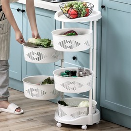 Round Rotating Multi-Layer Kitchen Storage Shelf, 5 Tier Fruit Vegetable Storage Basket, Kitchen Storage Rack Floor Standing, Movable Household Storage Rack for Kitchen Living Room Bathroom (US Stock)