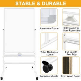 H-Qprobd Magnetic Whiteboard Mobile Dry Erase Board with Stand 40"x28" Double Side Rolling Whiteboards on Wheels for Home, Office & School