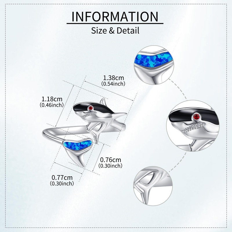 HUKKUN Shark Ring 925 Sterling Silver Adjustable Open Thumb Rings