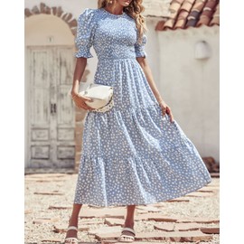 BTFBM Women Casual Summer Dresses 2024 Spring Crew Neck Ruffle Short Sleeve Floral Print Smocked Boho Flowy Maxi Dress(Dot Blue White, Large)