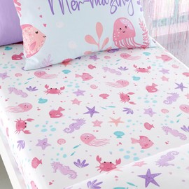 Bedlam - Pink Sea Animals Bed Sheets - Single Fitted Sheet (190 x 90 x 25cm) - Ocean/Sea Creatures Bedroom Accessories - Mermaid Vibes Collection, Agua
