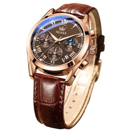 OLEVS Men Watch Leather Strap Moon Phase Casual Classic Analog Quartz Calendar 3ATM Waterproof Luminous Men Wrist Watches
