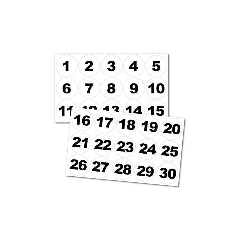 Number Stickers Round No. 1-30, 25 mm, Black/White
