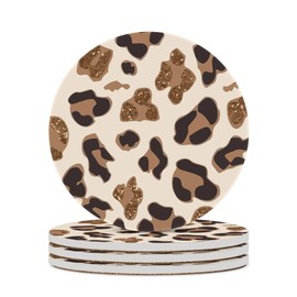 GMJzzx Absorbent Coasters for Drinks,Round Ceramic Stone Coasters Set of 4 with Cork Base,Funny Bar Coasters with Cork Base,Gifts for Home,Kitchen,Office Table Decor(Rose Gold Leopard)