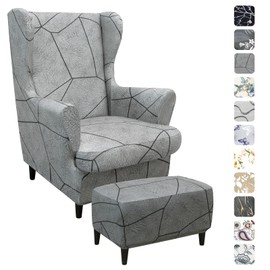 Alishomtll 3-Piece Wing Chair Cover with Ottoman Protective Cover, Stretch Armchair Throws, Elastic Armchair Cover, Strandmon Tiger Chair Cover with Armrest, High Backrest, Universal (Grey Marble)