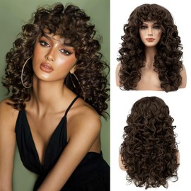FLUFYMOOZ Curly Wig with Bangs for Black Women, 20 Inch Dark Brown Curly Gorgeous Shag Hair Wig, Curls with Wispy Bangs Heat Resistant Soft Synthetic Wig for Women Daily Use Party Cosplay（dark brown）